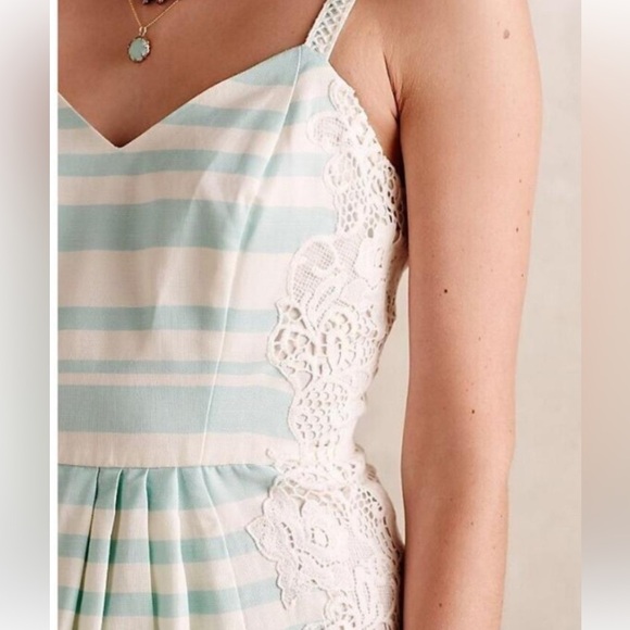 Anthropologie Moulinette Soeurs Sea Isle Dress Sz 8 Mint/IvoryStripe Lace V Nck - Picture 1 of 13